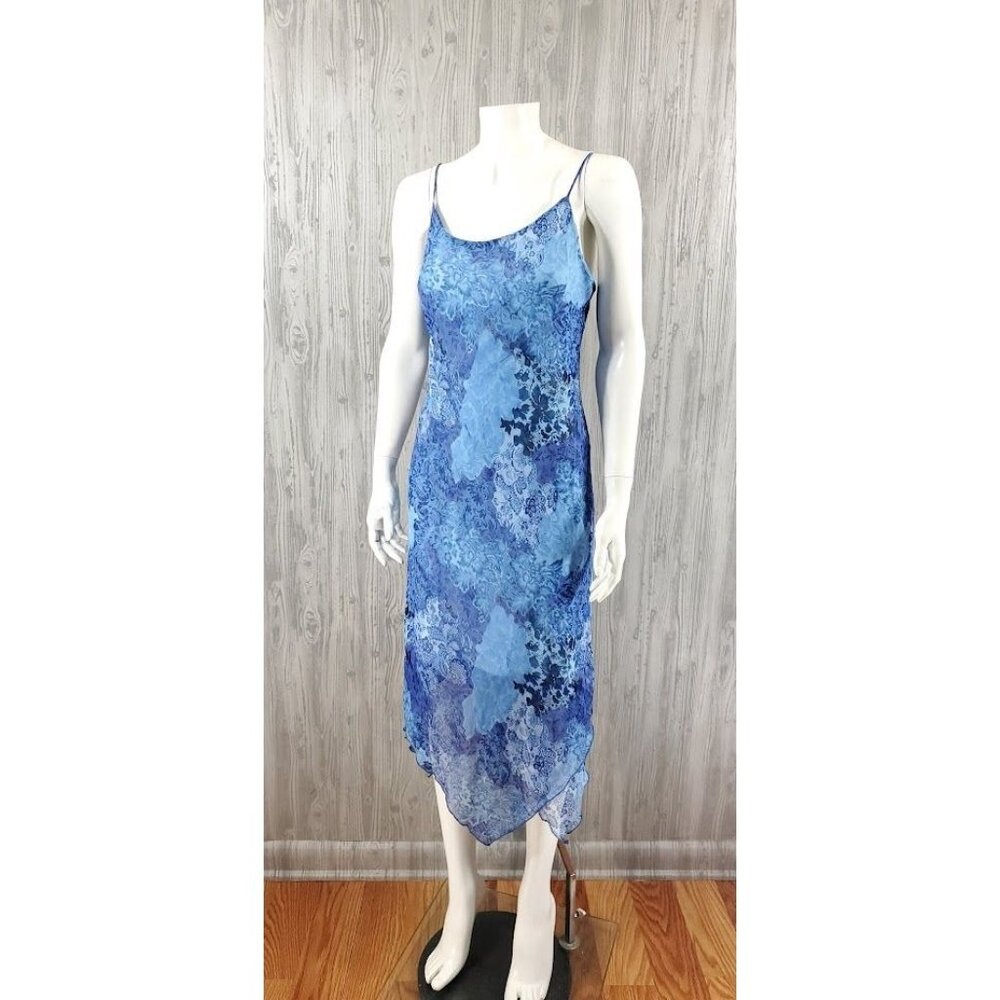 Vintage 90s Grunge Dress Blue Floral Print Midi Dress Sleeveless Semi-Sheer